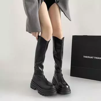 Retro British style thick heel platform boots women s 2025 new spring and autumn thin v mouth but knee knight boots 35 чёрный