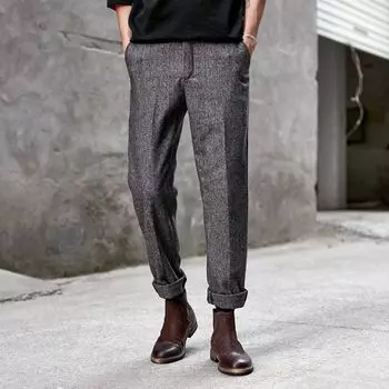Retro British Wool Herringbone Pattern European and American Casual Pants Grey 2XL