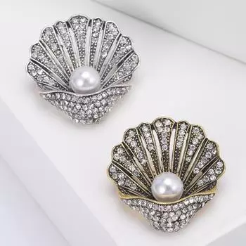 Ретро-брошь из ракушки со стразами и жемчугом, индивидуальная брошь для пальто, костюма, аксессуаров