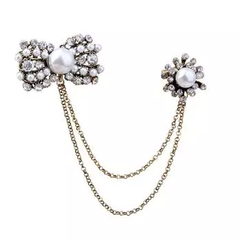 Ретро-брошь со стразами и жемчугом, хрустальный бант, кисточка, цепочка, лацкан, булавки и броши для женского свитера, костюма, корсажа, модные украшения