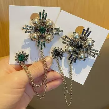 Ретро-брошь со стразами и жемчугом в виде креста, хрустальная кисточка, цепочка, булавки на лацкан, модная брошь, булавка для воротника пиджака, ювелирные изделия, аксессуары темно-синий