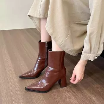 Retro brown! Pointed thick heel short boots women s 2024 summer autumn high heel Martin boots women 35 тёмно-рыжий