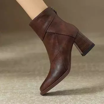 Retro brown soft leather thick heel short boots women s 2024 new high heel Martin boots British style small square head thin boots 35 чёрный