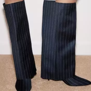 Ретро брюки сапоги женские 2024 новые модные синие полосатые большие трубчатые высокие каблуки заостренный тонкий каблук высокие модные трубчатые сапоги 35 темно-синий