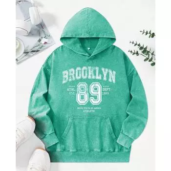 Ретро Бруклин 89 Арт Принты Букв Выстиранный Худи Женский Личность Мягкий Худи Мода Хлопок Пуловеры Толстовки M
