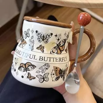 Retro Butterfly Mug,450ml Birthday Gift with Lid Spoon Thermostatic Pad for Girls,Sisters,Girlfriends,Milk Water Cup Gift Set 450ml
