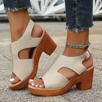 Retro Camel High Heels Sandals Women 2024 Summer Thick Heeled Platform Sandals Woman Lightweight Ankle Straps Beach Shoes Mujer 36