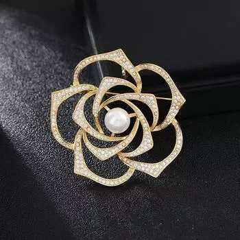 Retro camellia pearl brooch trendy light luxury high-end femininity elegant pin exquisite suit corsage accessories