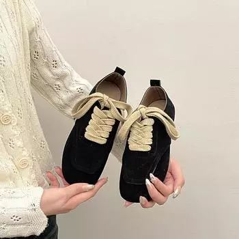 Retro casual versatile single shoes women s new thin and lightweight flat bottom square head lace-up single shoes tide 35