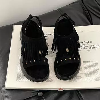 Retro casual wedge heel sandals women s shoes design sense tassel beaded versatile thick-soled cool slippers 35