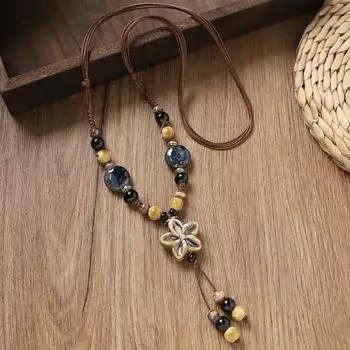 Retro ceramic necklace handmade beaded long sweater chain niche literary women s accessories