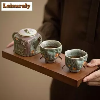 Ретро-чайный сервиз Dunhuang Grottoes Buddha, полный комплект, винтажный набор для чайной церемонии, чайник и набор чашек для чая, подарочная коробка
