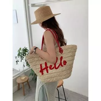 Retro Chawool Shoulder Embroider Seaside Straw Bag Default