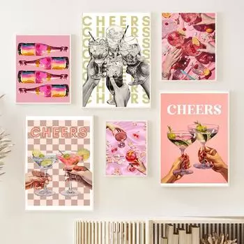 Ретро Cheers Коктейль Напитки Печать Y2K Preppy Wall Art Картины Персиковый Розовый Плакат Бар Тележка Кухня Модный Декор Комнаты Общежития Живопись 21x30cm No Framed
