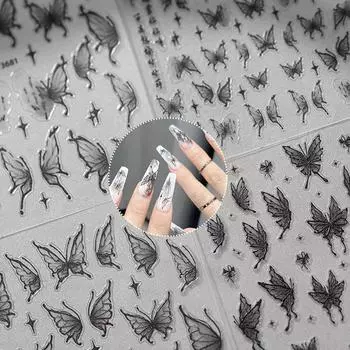 Ретро черная бабочка нейл-арт наклейка 3D рельефные наклейки для дизайна ногтей слайдеры для переноса изображений для ногтей украшения для маникюра своими руками