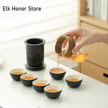 Ретро черная керамика 1 чайник 6 чашек чайный сервиз керамическая дорожная посуда для чая портативный стеклянный чайник с фильтром набор для заваривания чая кунг-фу A 1 Pot 6 Cups