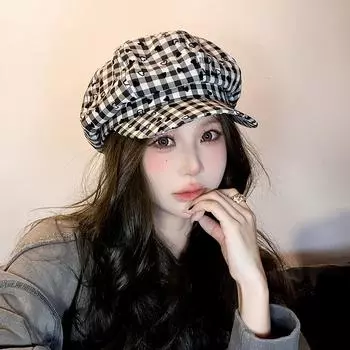 Ретро черно-белый клетчатый берет женский 2024 новый большой обхват головы утиный язычок кепка газетчика универсальная маленькая восьмиугольная шляпа adult 55-58cm