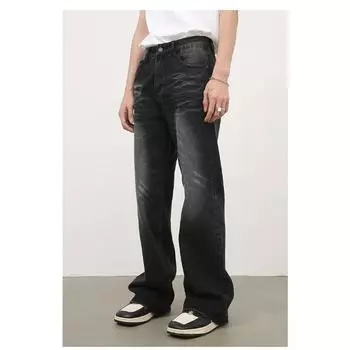 Ретро черные и серые свободные прямые джинсы мужские стираные кошачьи усы микроклеш брюки прямые свободные джинсы для мужчин модные и удобные брюки S черный серый