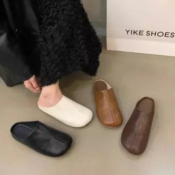 Ретро черные полутапочки Baotou женские туфли новые весенне-летние повседневные туфли из мягкой кожи на плоской подошве мюли шлепанцы 35 бежевый