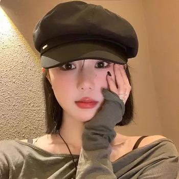 Ретро черный берет женская осенняя универсальная восьмиугольная шляпа с изображением лица маленькая шляпа газетчика большая окружность головы шляпа художника M56-58cm чёрный