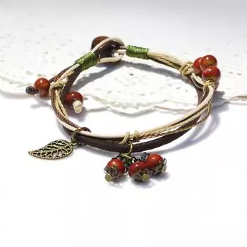Retro cherry bracelet ceramic flower glaze leaf bracelet women s fashion ethnic style versatile accessories