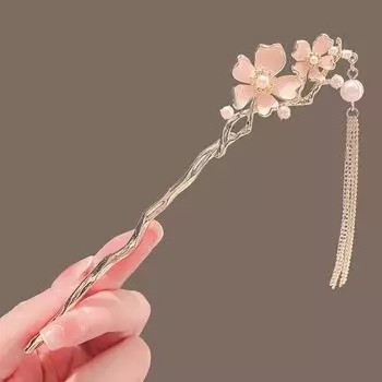 Retro Chinese Style Pink Flower Pearl Tassel Hair Clip for Women Hair Stick Pins Handmade Hairpins Charm Jewelry Hair Ornaments