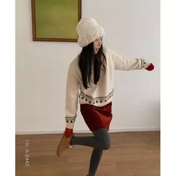 Retro Christmas Pine Jacquard Pullover Warm Round Neck Sweater One Size снег белый