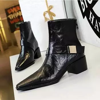Retro Chunky Pointed Toe Ankle Boots Women Metal Belt Buckle Decoration Middle Heel Knight Boots 2025 Winter Warm Women s Shoes 35 чёрный