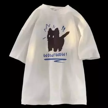 Ретро чувство дизайна, футболка с милым пугающим котом и принтом для мужчин и женщин, летняя модная тенденция, топ с короткими рукавами для пар, Harajuku S бежевый