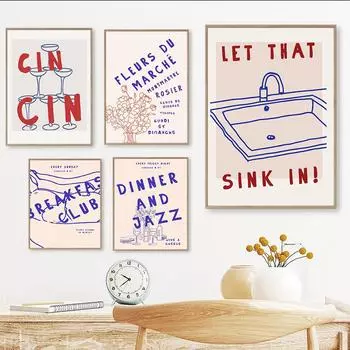 Ретро Cin Cin винный бар, тележка для коктейлей, напитков, завтрака, клуба, синие цитаты, настенная живопись на холсте, постеры для декора кухни и комнаты 21x30cm No Framed