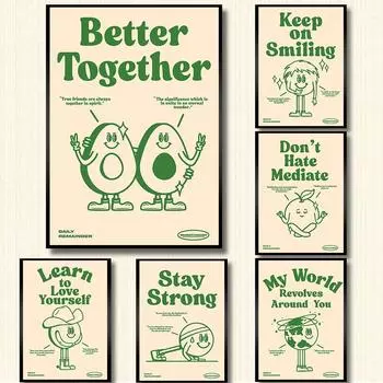 Ретро Цитаты Плакат Любите себя Оставайтесь сильными Печать Холст Винтаж Ковбой Зеленый Модная Картина Декор Стены Общежития Ежедневные Напоминания 21x30cm No Framed