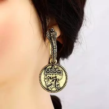 Длинные серьги-монеты в виде преувеличенного черепа в стиле ретро «Кобра», серьги на Хэллоуин и другие украшения. бронзовый