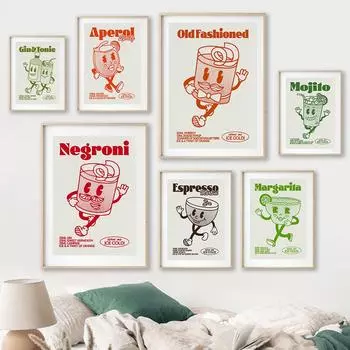 Retro Cocktail Espresso Martini Mojito Negroni Juice Drinks Bar Prints Wall Art Canvas Painting Posters Pictures For Living Room 21x30cm No Framed белый