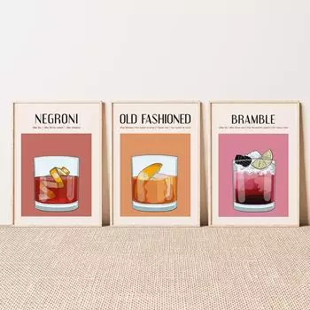 Retro Cocktail Prints Mid-Century Modern Bar Cart Poster Cocktail Recipe Color Canvas Painting Kitchen Dining Room Wall Decor 21x30cm No Framed