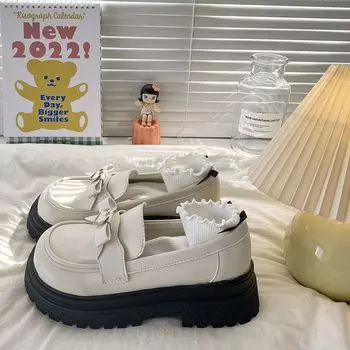 Retro college style bow muffin bottom small leather shoes women s autumn new Japanese jk with skirt one pedal loafers 35