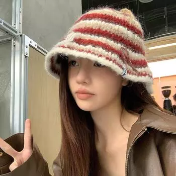 Вязаная шапка-ведро ручной работы в полоску в стиле ретро, женская, осенне-зимняя, модная, теплая, маленькая шерстяная шапка M56-58cm