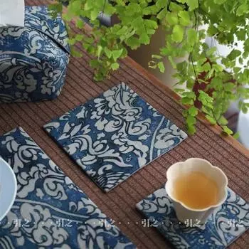 Retro Cotton and Linen Print Tea Mat Thick Fabric Tea Mat Absorbent Tea Cloth Coaster Zen Chinese Style Classy Tea Gift Suit 12*12cm pot pad 1