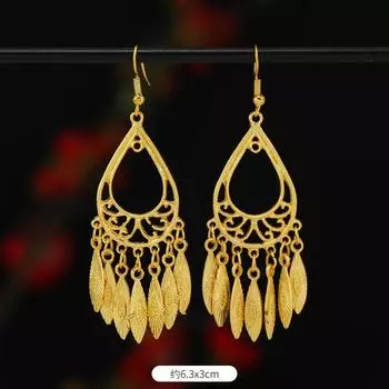 Retro court gold fringed earrings Yunnan Miao personality temperament antique versatile long earrings women