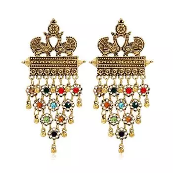 Ретро Придворный Стиль Серьги Женские Павлиний Открывающийся Экран Инкрустированные Цветными Бриллиантами, Креативные Серьги из Сплава золотой