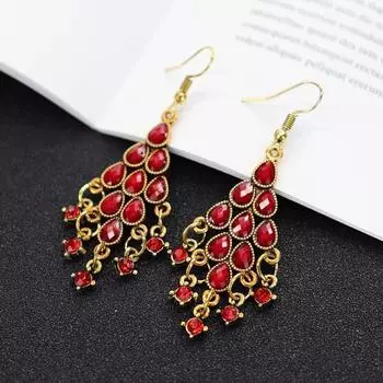 Retro court water drop fringed earrings femininity versatile ethnic style long earrings classical popular national style earrings бордовый
