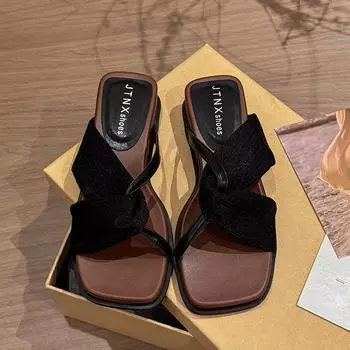 Retro cross belt simple fairy open-toed sandals female summer new wedges square head wear comfortable one-word slippers 35