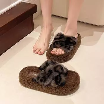 Retro cross Mao Mao outer slippers spring and summer casual versatile gentle leopard print thick-soled Mao Mao shoes cotton drag women s shoes 35 чёрный
