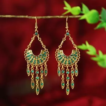 Retro crystal long fringed earrings Bohemian ethnic style personality temperament earrings Women s vacation earrings