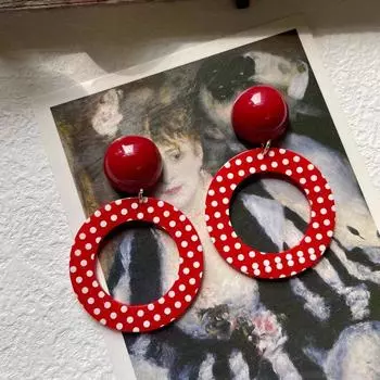 Retro Cute Young Adult Red Polka Dot Dopamine Earrings A374 red wave dot circle earrings
