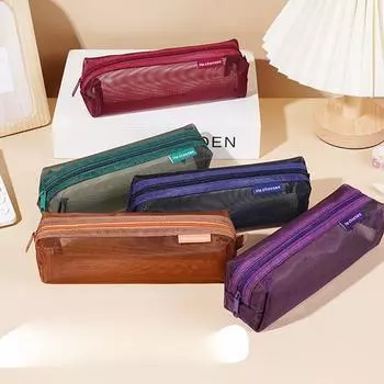 Ретро цветной переносной пенал для хранения, сетчатый пенал большой емкости, прозрачная сумка для студенческих экзаменационных и учебных канцелярских принадлежностей синий