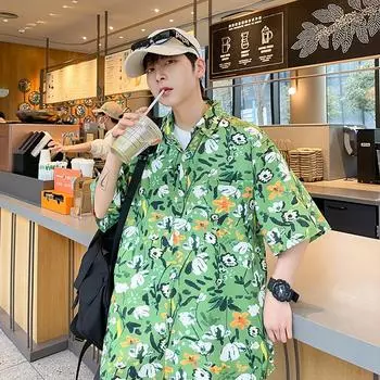 Ретро цветочный принт в стиле хип-хоп, уличная рубашка с коротким рукавом, мужские свободные повседневные рубашки для мужчин, летняя гавайская одежда унисекс M белый