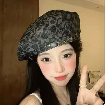 Ретро цветочный узор бант пояс берет четыре сезона мода универсальный лицо маленький художник шляпа прилив M56-58cm чёрный