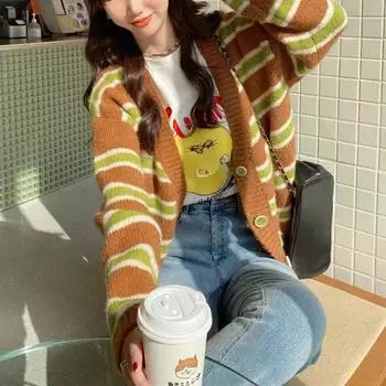 Ретро-цветовой конфликт полосатый свитер кардиган куртка женский осенне-зимний дизайн чувство ленивый короткий раздел трикотаж топы One Size