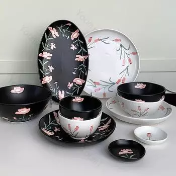 Ретро Цветы Черно-белые Керамические Тарелки Высокого Класса Ресторан Вкусный Стейк Тарелка Изысканные Домашние Чаши Для Риса Уникальная Посуда