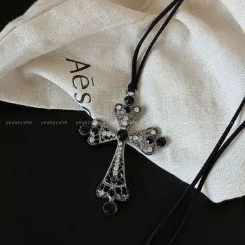 Retro Dark Zircon Cross Long Necklace Female Y2g Sweet Cool Elegant Sexy Halterneck Sweater Chain Clavicle Chain Black Cross Necklace